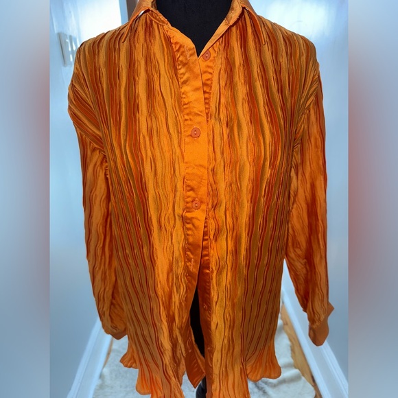 Boohoo Pleated Button Up Shirt And Pants Set - Tangerine Small NEW without tags - Picture 2 of 5